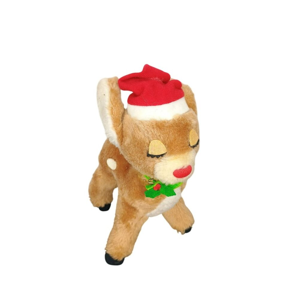 Vintage 1974 Dakin‎ Christmas Reindeer Plush 8" Tall Brown/White With Santa Hat
